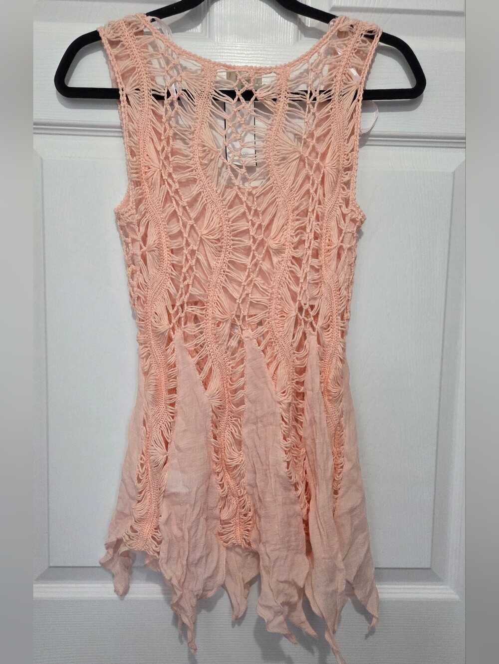 Love J Peach Open Knit Crochet Handkerchief Hem Boho Fairycore Tunic Top Sz Sm - Picture 4 of 7